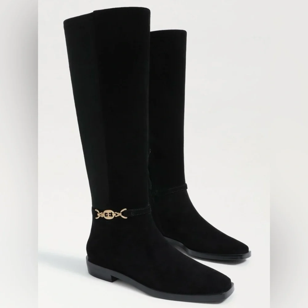 Sam Edelman Women's Clive Gold Buckled Black Velvet Riding Boots Size 8.5